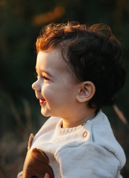 日落时分,在秋天的公园里,一个甜美的、微笑的幼儿男婴的近照. 卷发男孩 — 图库照片