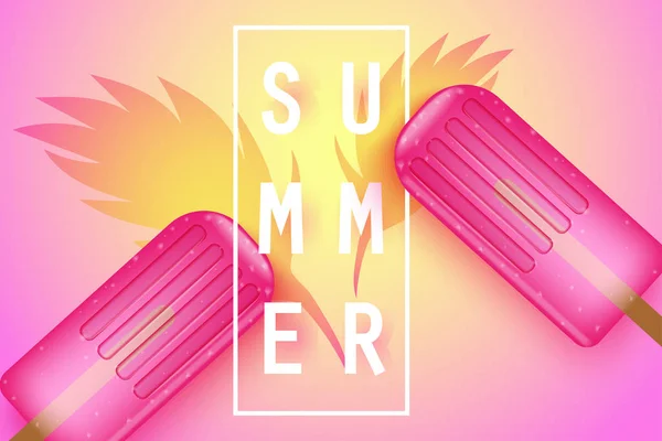 Belo fundo de verão. Folhas tropicais e vista superior de sorvete de frutas em um belo fundo rosa. Ilustração na moda, banner suculento colorido ou cartaz sobre o verão . — Vetor de Stock
