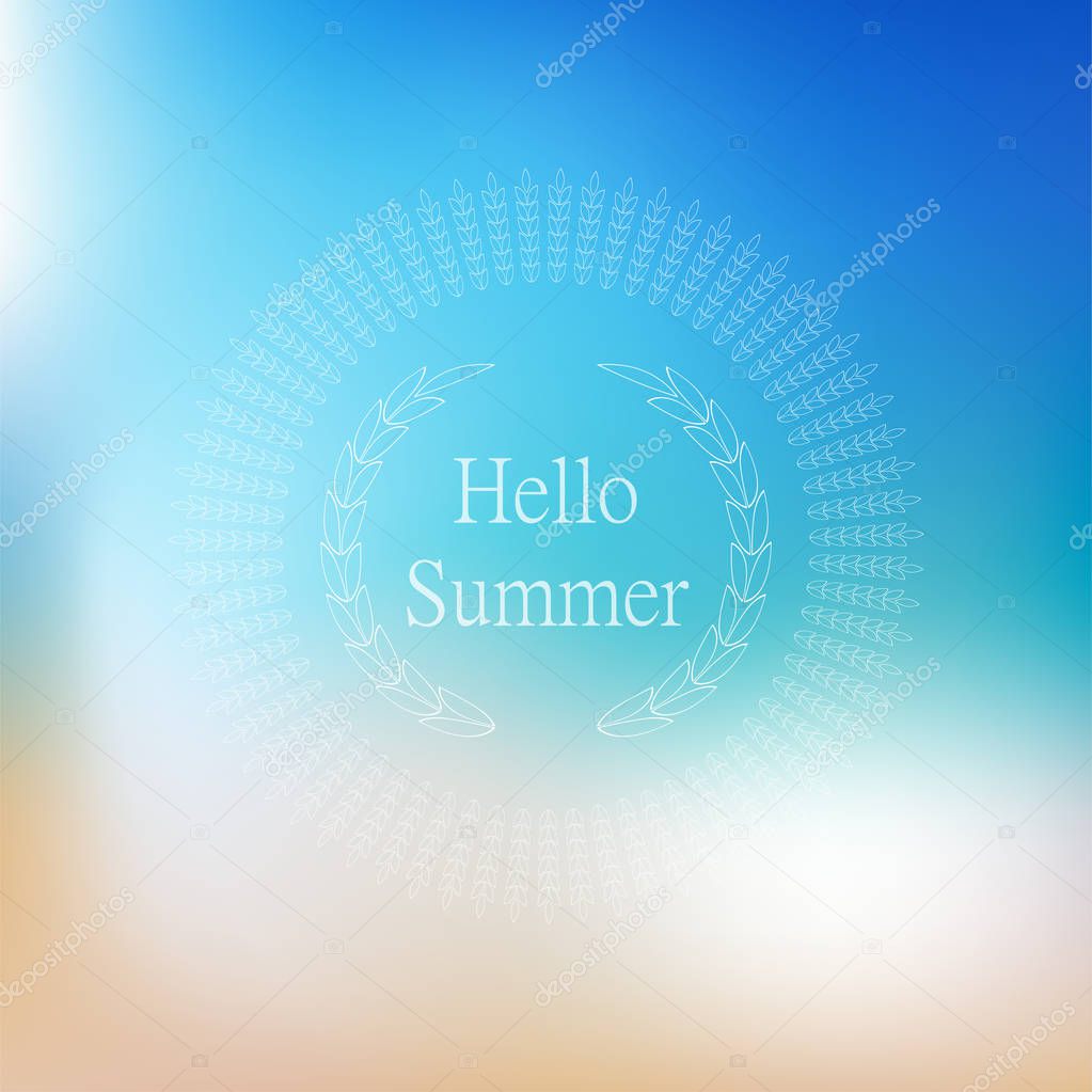 Hello Summer Vector blurred beach and ocean for treveling card, and summer background.
