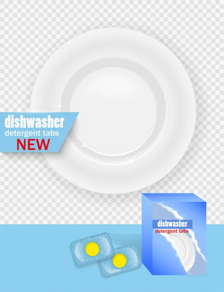 Чистий Посуд Таблетки Посудомийної Машини Реалістична Ілюстрація Реклами Миття Посуду — стоковий вектор