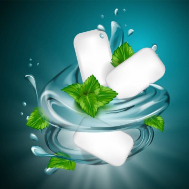 nane tat sakız reklam yaprak ve su sıçrama öğesinde, açık mavi renkli, 3d çizim ile
