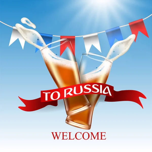 Velcome à la Russie, la couleur du drapeau russe et éclabousser la bière au verre . — Image vectorielle