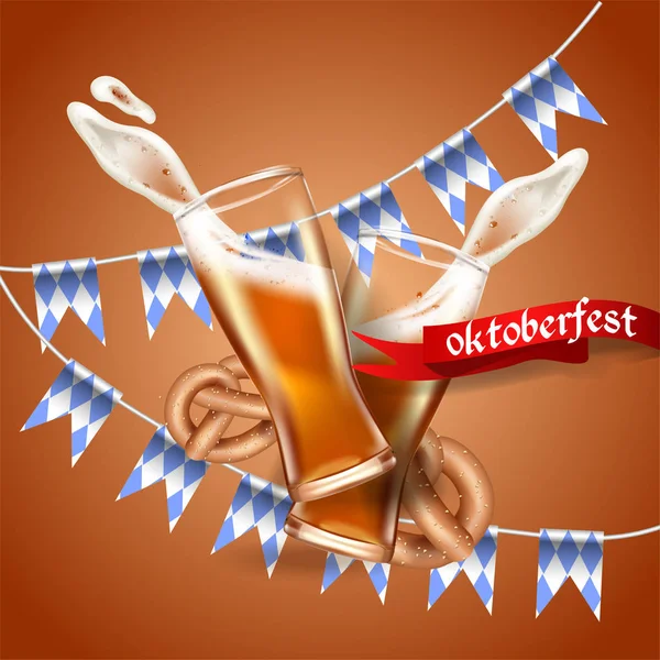 Realistic advertisement template splash of foam and beer from a glass cup, Bretzel, Bavarian flag, national German tradition, Oktoberfest stock illustration.