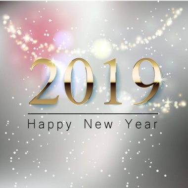 Güzel yeni yıl tebrik afiş ile bir arka plan bulanık, mutlu yeni yıl altın yazıt 2019. Parlayan garland ve bokeh etkisi.