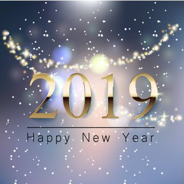 Güzel yeni yıl tebrik afiş ile bir arka plan bulanık, mutlu yeni yıl altın yazıt 2019. Parlayan garland ve bokeh etkisi.