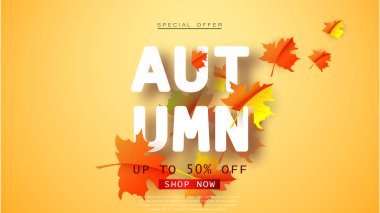 Sonbahar Satılık el ilanı şablonla yazı. Parlak yaprakları düşer. Poster, kart, etiket, banner tasarımı.