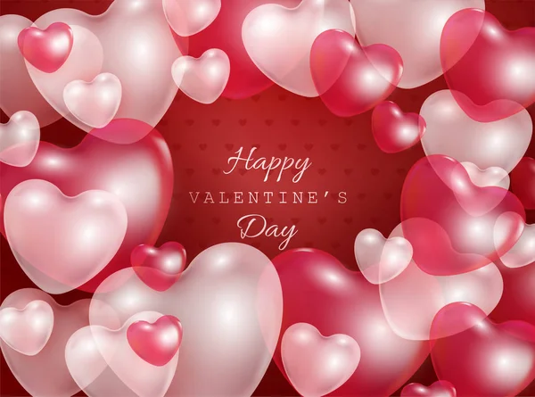 Feliz día de San Valentín tarjeta de regalo con rojo y rosa 3d corazón formas globos transparentes - ilustración vectorial de romántico. Hermoso cartel de amor festivo para 14 Febrero . — Archivo Imágenes Vectoriales
