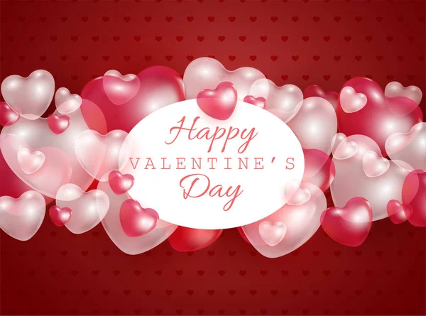 Подарочная открытка с красным и розовым 3D-сердцем и прозрачными воздушными шарами - векторная иллюстрация романтики. Красивый любовный праздничный плакат на 14 февраля . — стоковый вектор
