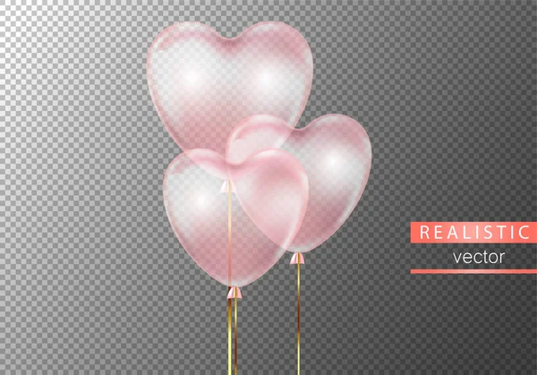 现实的粉红色透明气球心形在透明的背景. — 图库矢量图片