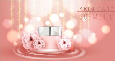 güzel vektör illüstrasyon, gerçekçi mocap, şablon, kozmetik krem ambalaj, 3d şişe. Parlayan kıvılcım arka plan ve bokeh etkisi. stok illüstrasyon.