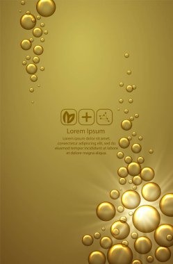 Güzellik Cilt Bakımı tasarımı altın zemin üzerinde. Vektör çizim. Altın özü damlacık parlayan. Serum cilt bakım Cosmetic.Collagen Sollution kabarcıklar yağ.
