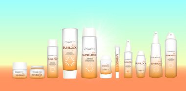 Güneş kremi reklamları şablonu, güneş koruma kozmetik ürünleri. Siyah kapaklı, beyaz arka plan üzerine izole edilmiş kozmetik ambalaj seti. Krem, şampuan, sıvı sabun ve sprey için kozmetik paket