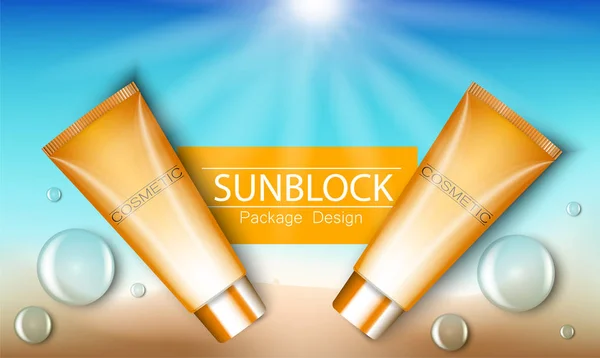 Szablon reklamy kremów z filtrami, słońce ochrony produktów kosmetycznych. 3D ilustracja na magazyn lub reklamy. Produkty butelka design z mleka balsam, krem lub cieczy. — Wektor stockowy