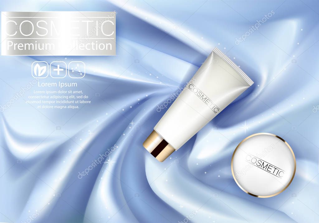 Cosmetic ads Design Template. Realistic tube cream on silk texture background. Beautiful Premium stock illustration. Package 3d design.