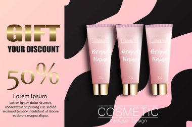 Gift vaucher cosmetics. Discount poster. Package design template. Ads realistic illustration 3d. clipart