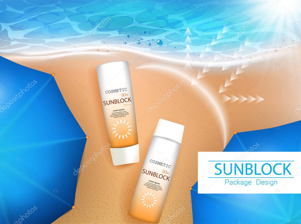 Vector illustration. 3d bottles with sun protection cosmetic products on tropic beach. Sunblock cream and tanning oil spray bottle. Template, for magazine or ads, brochure, flyer, banner.