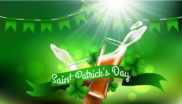 Design koncept med två ölglas och inskriptionen St. Patricks Day. Perfekt för reklam, inbjudan, affisch, gratulationskort, banner, fest, restaurang och bar-menyn. Vektorillustration. — Stock vektor