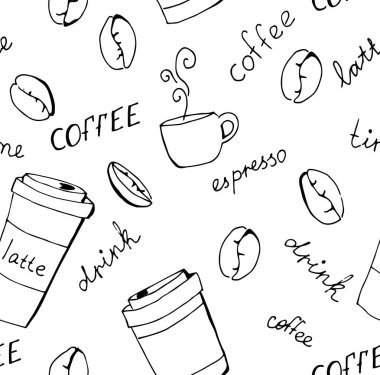 Vektör coffe fincan veya çay bardağı oyma dikişsiz desen ışık arka plan üzerinde. Vintage el çizilmiş çanta seti. Menü için İllüstrasyon, reklamlar