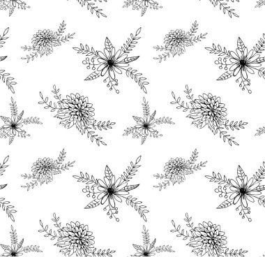 Mürekkep çizim yabani çiçekler vektör dikişsiz desen, botanik illüstrasyon, izole çiçek elemanları, el çizilmiş illüstrasyon.