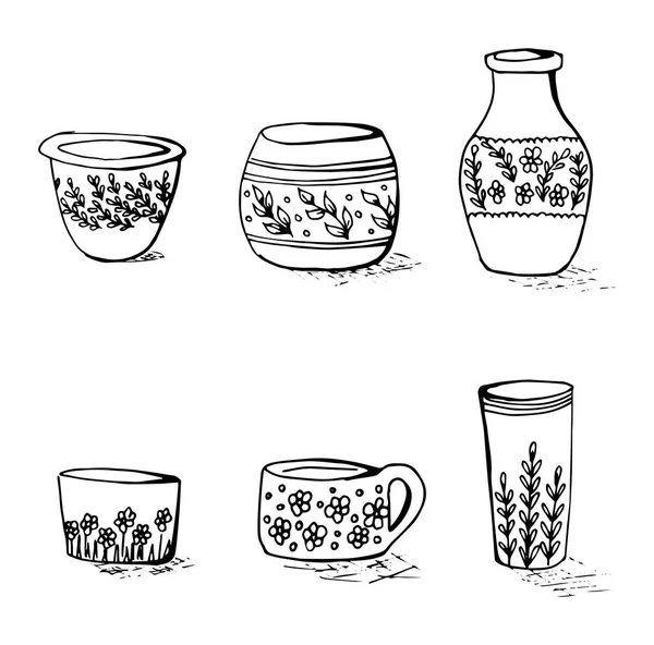 Набор цветочных ваз в стиле каракулей. Векторный эскиз черно-белый рисунок . — стоковый вектор