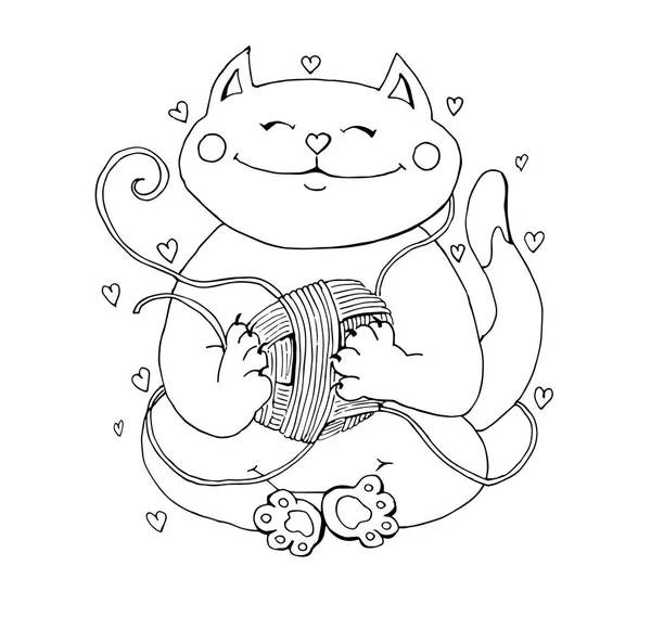Niedliche Katze strickt mit Fäden in den Händen, handgezeichnete Vektorillustration. kann für Logo, Aufkleber, Strickwebseite verwendet werden. — Stockvektor