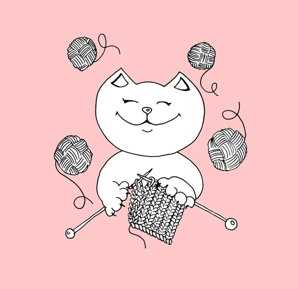 Cute cat knits with threads in hands, hand drawn vector illustration. Can use for logo, stickers, knitting web site. — Stock Vector