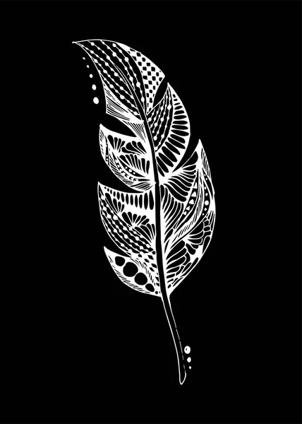 Handritad vit fjäder med Doodle mönster på svart bakgrund. Hand Rita illustration. — Stock vektor