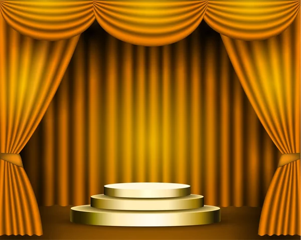 Las cortinas de oro son los porteadores del escenario del teatro, y el podio de oro tiene tres pasos. Pedestal otorga solemne fondo festivo. vector stock ilustración — Vector de stock