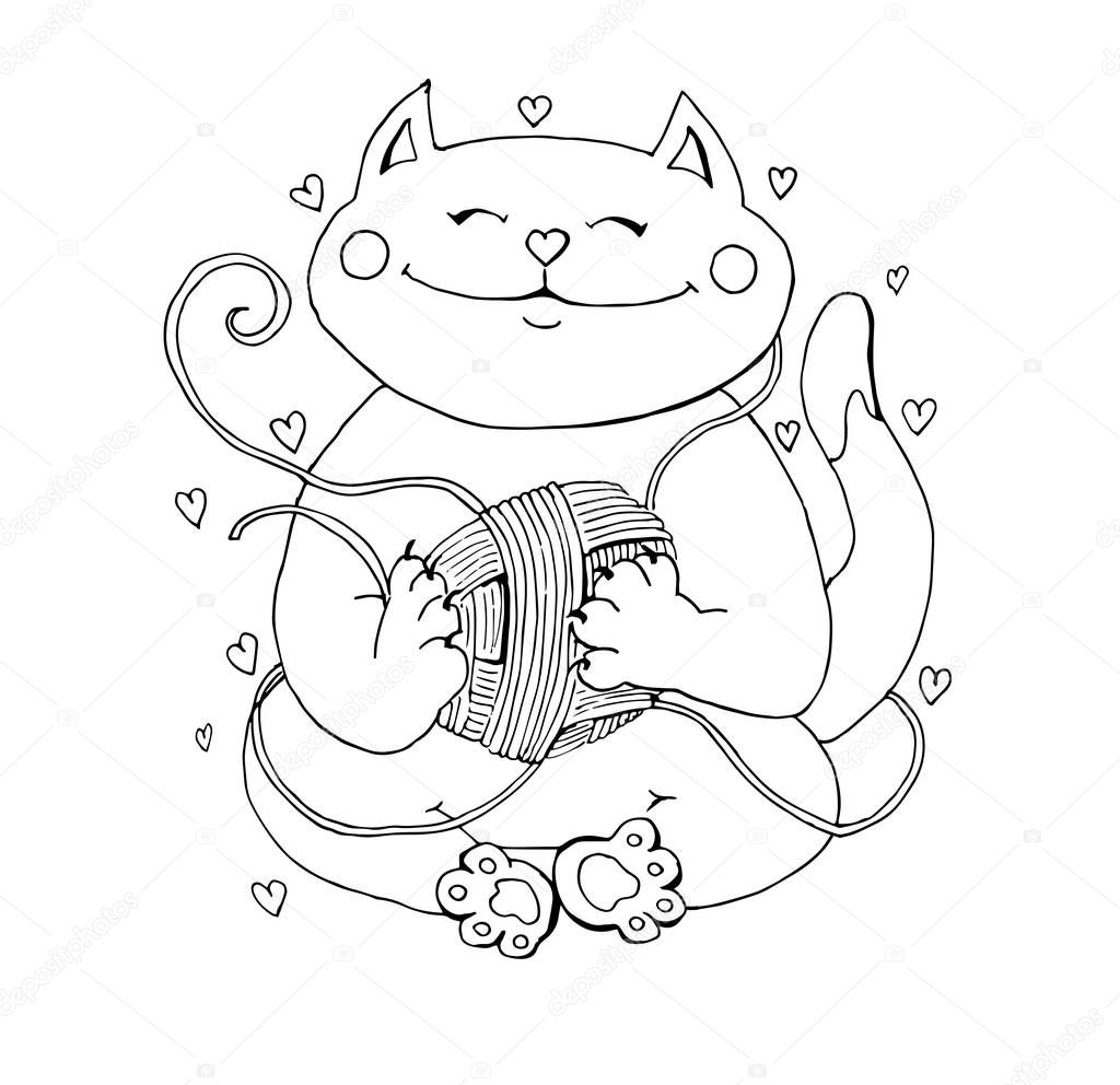 Cute cat knits with threads in hands, hand drawn vector illustration. Can use for logo, stickers, knitting web site.