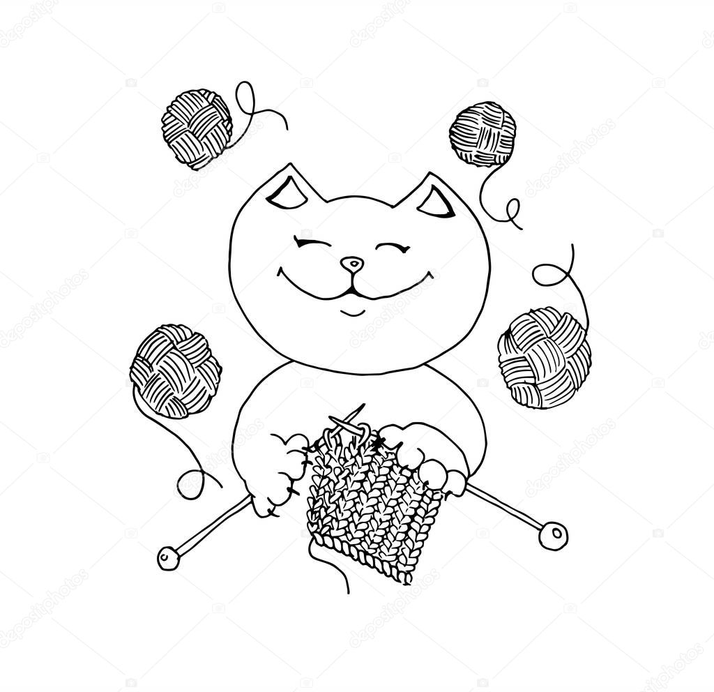 Cute cat knits with threads in hands, hand drawn vector illustration. Can use for logo, stickers, knitting web site.