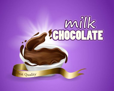 Tasarım için Splashing ve whirl çikolata sıvı 3d illüstrasyon sütlü çikolata brendind tasarım stok illüstrasyon mor arka plan kullanır