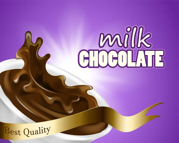 Splashing e vortice cioccolato liquido per il design utilizza sfondo viola in 3d illustrazione cioccolato al latte brendind disegno stock illustrazione — Vettoriale Stock