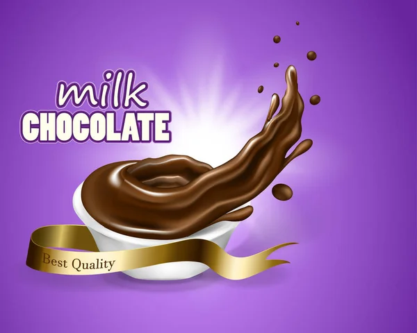 Брызги и вихри шоколадной жидкости для дизайна использует фиолетовый фон в 3D иллюстрации молоко шоколад брендинда дизайн иллюстрации — стоковый вектор