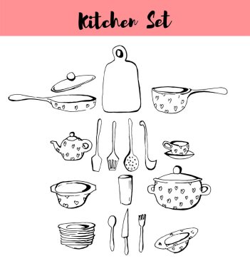 El yapımı tencere seti. Doodle mutfak ekipmanları. Vektör çizimi.