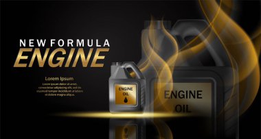 Motor yağı reklam arka plan. Parlak arka planda gerçekçi teneke kutu ve motor yağı ile vektör illüstrasyon. 3b reklam şablonu.