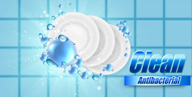 Gerçekçi Çanak ve plaka güzel renkli arka plan ve sabun kabarcıkları, bulaşık yıkama illüstrasyon, tasarım için şablon.