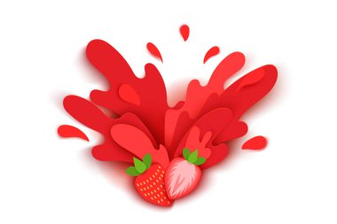 çilek suyu sıçramaları ve kağıt kesim tarzında damla. çilek dilimleri ve kağıt dilimleri. yumuşak gölgeler ve zengin parlak renkler. stok vektör illüstrasyon.