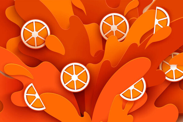orange juice splashes and drops in a paper cut style. orange slices and paper slices. soft shadows and rich bright colors. stock vector illustration.