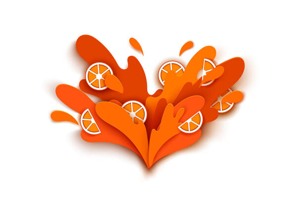 orange juice splashes and drops in a paper cut style. orange slices and paper slices. soft shadows and rich bright colors. stock vector illustration.