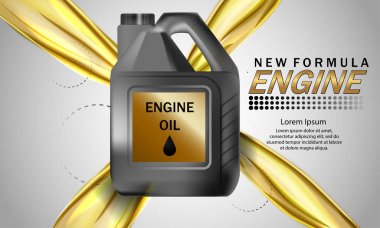 Motor yağı reklam arka plan. Parlak arka planda gerçekçi teneke kutu ve motor yağı ile vektör illüstrasyon. 3b reklam şablonu.