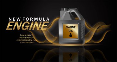 Motor yağı reklam arka plan. Parlak arka planda gerçekçi teneke kutu ve motor yağı ile vektör illüstrasyon. 3b reklam şablonu.