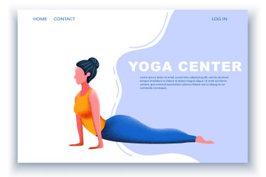 kız uygulamaları yoga, güzel duruş, düz tarzda illüstrasyon, grenli bir doku ile parlak sulu renkler. Spor kulübünün web sayfası için şablon