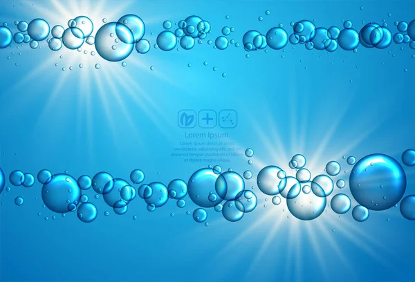 蓝色背景的水中有气泡。圆形和液体，轻设计，透明肥皂光泽, — 图库矢量图片