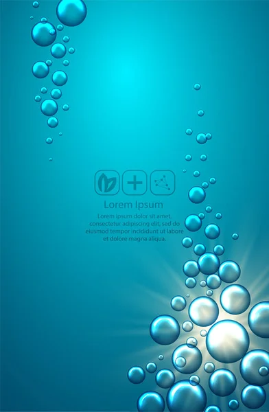 Bolle in acqua su fondo blu. Cerchio e liquido, design leggero, trasparente sapone lucido , — Vettoriale Stock