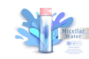 Kağıt kesme sıçrama suyu ile Micellar su . makyaj temizlik için 3d gerçekçi vektör reklam afiş, poster. Kozmetik ürün şişesi. Paket tasarımı.