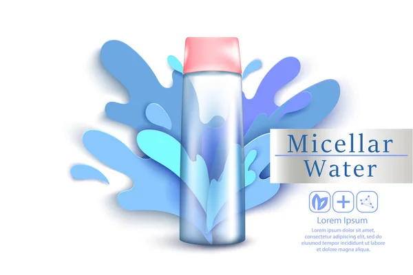 Mikrokellerwasser mit Spritzwasser aus Papier. für Make-up Reinigung 3D realistische Vektor-Werbebanner, Plakat. Kosmetikflasche. Paketgestaltung. — Stockvektor