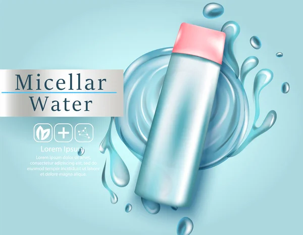 Mikrokellerwasser für die schminkreinigung 3d realistischer vektor werbebanner, poster. Kosmetikflasche. Paketgestaltung. — Stockvektor