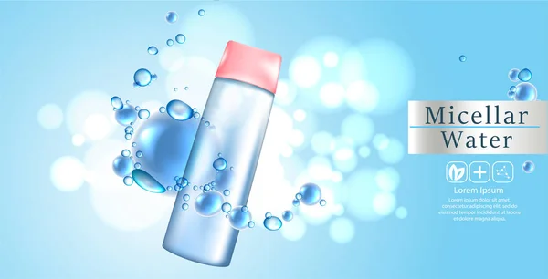 Woda micelarna do czyszczenia makijażu 3D realistyczny baner reklamowy wektor, plakat. Butelka produktu kosmetycznego. Projektowanie opakowań. — Wektor stockowy