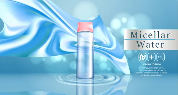 Micellar agua para la limpieza de maquillaje 3d banner de publicidad vectorial realista, cartel. Botella de producto cosmético. Diseño del paquete . — Vector de stock