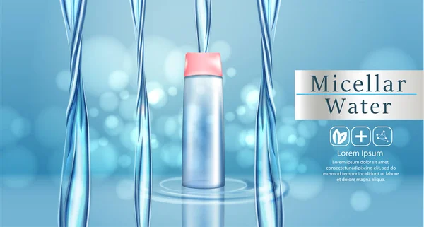 Micellar agua para la limpieza de maquillaje 3d banner de publicidad vectorial realista, cartel. Botella de producto cosmético. Diseño del paquete . — Vector de stock
